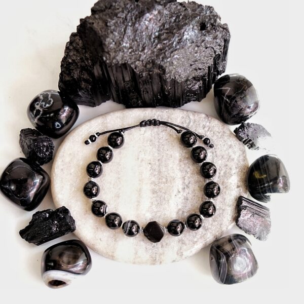 bransoletka męska czarny turmalin, onyks i hematyt srebro