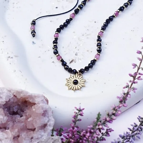 Naszyjnik czarny i różowy turmalin